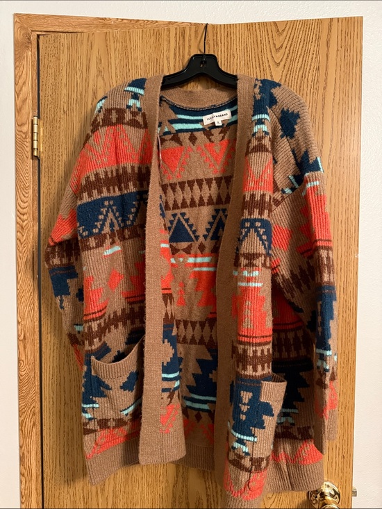 Lucky Brand Sweaters - Lucky Brand Camel Cardigan with Navy & Coral Aztec Pattern
